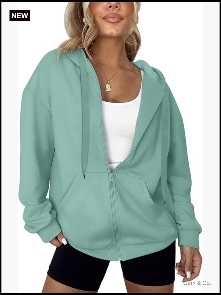 Oversized Full Zip Up Lightweight Hoodie Jacket Long Sleeve Drawstring